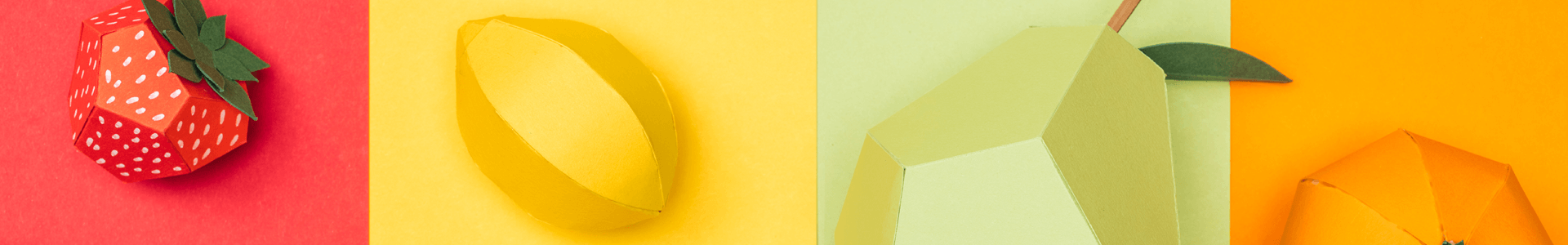 An illustration of various paper crafts resembling fruits each on a different colored background