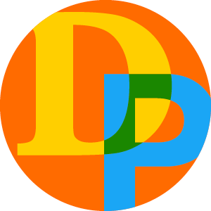 The letters D and P overlaying each other on an orange background